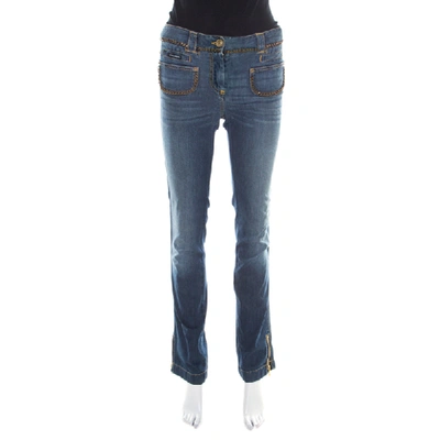 Pre-owned Dolce & Gabbana Indigo Dark Wash Faded Effect Chain Embellished Jeans S In Blue