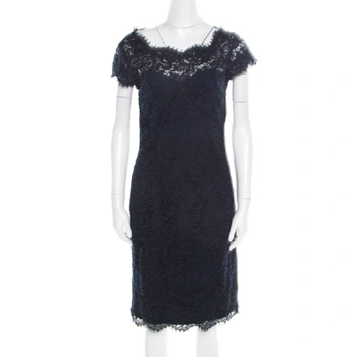 Pre-owned Monique Lhuillier ml By  Navy Blue Lace Diamond Back Cap Sleeve Sheath Dress M