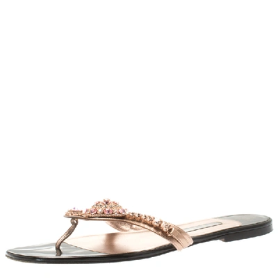 Pre-owned Gina Metallic Rose Gold Crystal Embellished Thong Flat Slides Size 41