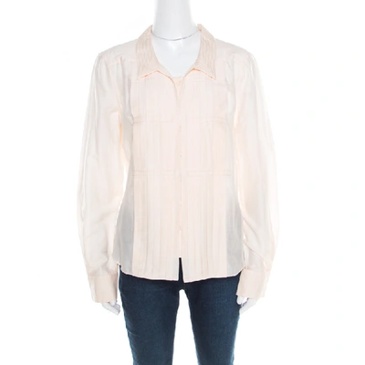 Pre-owned Celine Peach Cotton And Silk Pleat Detail Long Sleeve Shirt L In Pink