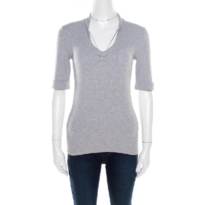 Pre-owned Brunello Cucinelli Grey Ribbed Cotton Sparkle Bead Embellished Top L
