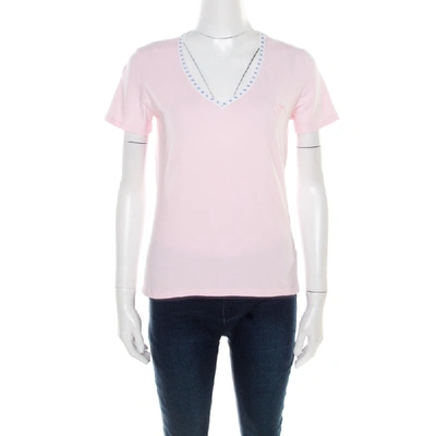 Pre-owned Celine Pink Jersey Blazon Chaine Logo Embroidered Contrast Trim T-shirt L