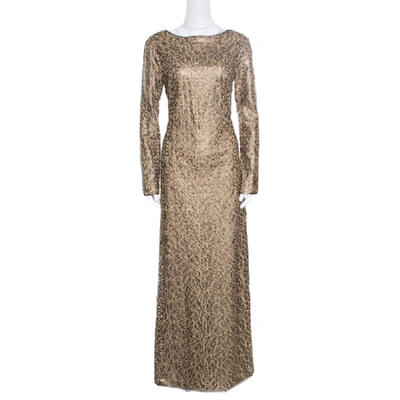 Pre-owned Tadashi Shoji Gold Laser Cut Embroidered Leatherette Long Sleeve Boat Neck Gown M