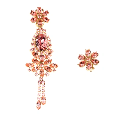 Pre-owned Burberry Pink Flower Crystal Gold Tone Clip-on Asymmetric Stud Drop Earrings