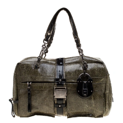 Pre-owned Loewe Python And Leather Big Bear Padlock Satchel In Green