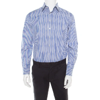 Pre-owned Etro Blue And White Striped Argyle Pattern Cotton Jacquard Long Sleeve Shirt M