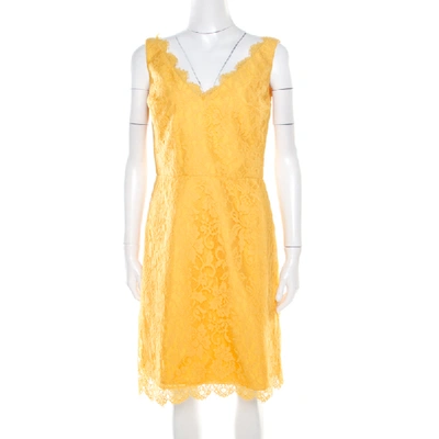 Pre-owned Monique Lhuillier ml By  Yellow Floral Lace Scalloped Trim Detail V-neck Dress M