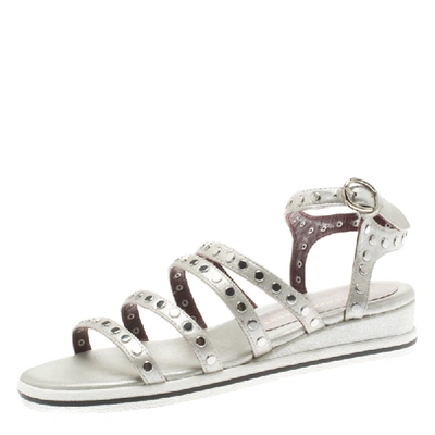 Pre-owned Marc By Marc Jacobs Metallic Silver Leather Gena Studded Ankle Strap Flat Sandals Size 36