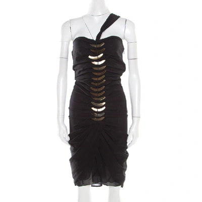 Pre-owned Gucci Black Silk Metal Fish Bone Embellished Ruched Dress M