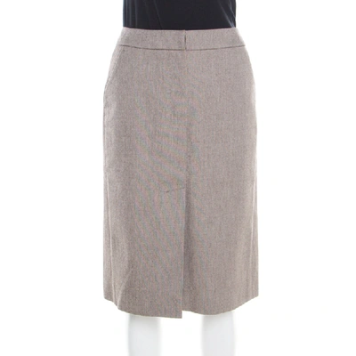 Pre-owned Saint Laurent Paris Brown And White Textured Cotton Pencil Skirt L