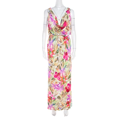 Pre-owned Blumarine Multicolor Floral Printed Silk Jersey Draped Sleeveless Maxi Dress S