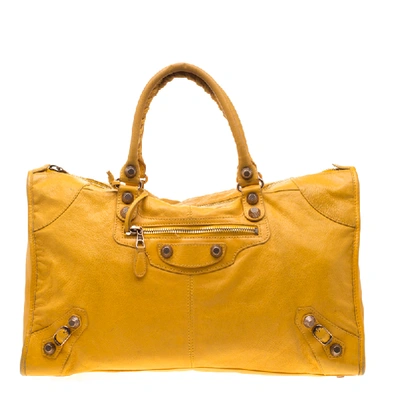 Pre-owned Balenciaga Mangue Leather Giant 21 Rose Gold Hardware Work Tote In Yellow