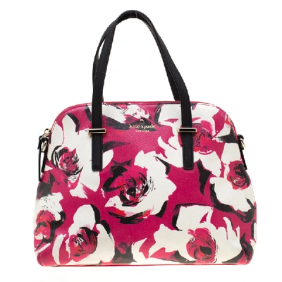 Pre-owned Kate Spade Tri Colour Floral Print Leather Cedar Street Maise Satchel In Pink
