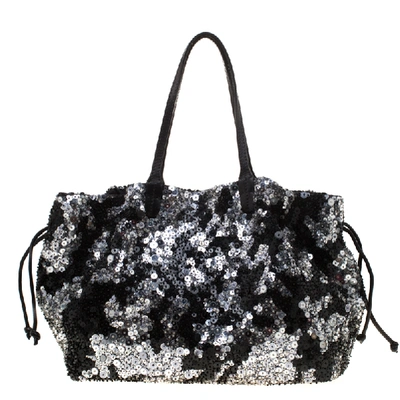 Pre-owned Valentino Garavani Black Sequins And Leather Glam Tote