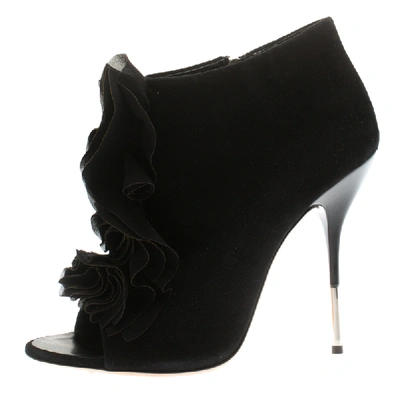 Pre-owned Giuseppe Zanotti Black Suede Peep Toe Silk Ruffle Detail Ankle Booties Size 40.5