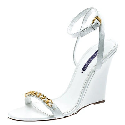 Pre-owned Ralph Lauren White Leather Chain Detail Ankle Wrap Wedge Sandals Size 40