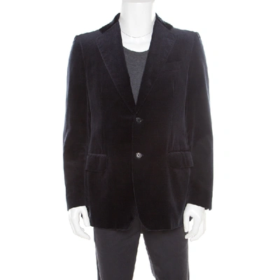 Pre-owned Ferragamo Navy Blue Mini Houndstooth Patterned Velvet Blazer L