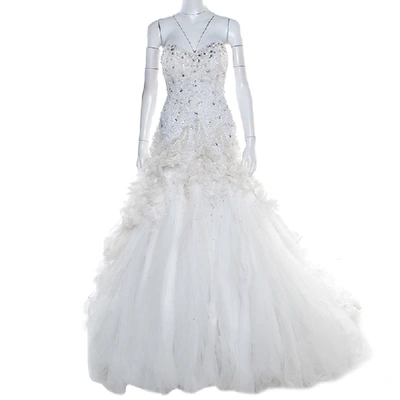 Pre-owned Zuhair Murad White Embellished Strapless Ruffled Tulle Wedding Dress M