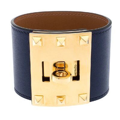 Pre-owned Hermes Kelly Dog Extreme Blue Leather Gold Plated Wide Bracelet S