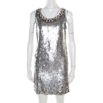 Pre-owned Red Valentino Silver Sequined Pearl Embellished Sleeveless Mini Shift Dress S