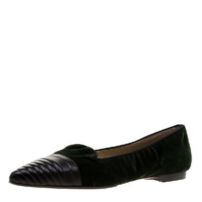Pre-owned Etro Dark Green Velvet And Black Quilted Leather Pointed Cap Toe Smoking Slipper Size 40