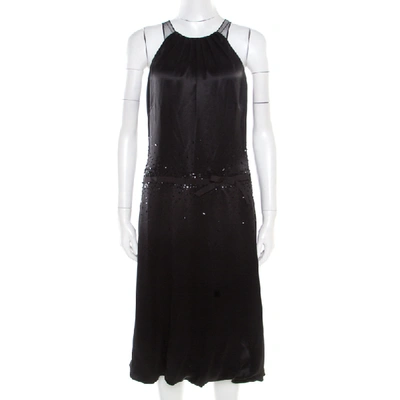 Pre-owned Vera Wang Black Embellished Satin Bod Detail Sleeveless Dress M