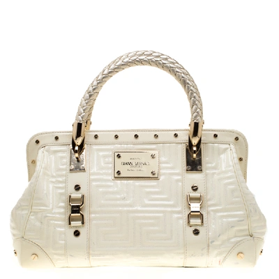 Pre-owned Versace Cream Quilted Patent Leather Snap Out Of It Satchel