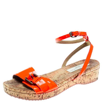 Pre-owned Stella Mccartney Neon Orange Faux Leather Linda Ankle Strap Flat Sandals Size 35