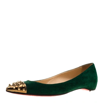 Pre-owned Christian Louboutin Geen Suede And Metallic Gold Spike Cap Toe Geo Pointed Toe Ballet Flats Size 37 In Green
