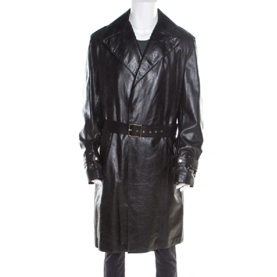 Pre-owned Versace Signature Black Leather Belted Overcoat Xxl