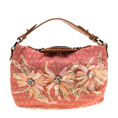 Pre-owned Valentino Garavani Coral/brown Polka Dots Canvas And Leather Flower Embellished Tote In Pink
