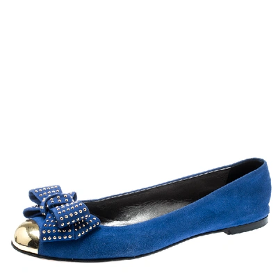 Pre-owned Giuseppe Zanotti Blue Suede And Gold Cap Toe Studded Bow Ballet Flats Size 38.5