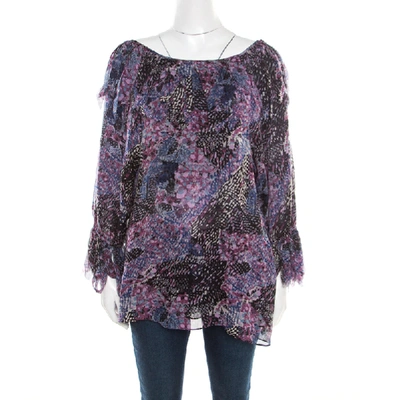 Pre-owned Catherine Malandrino Multicolor Printed Silk Frayed Neck Detail Long Sleeve Blouse S