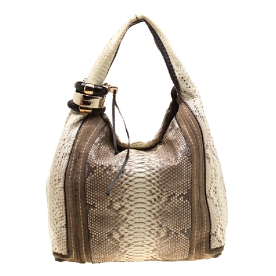 Pre-owned Jimmy Choo Light Yellow/beige Python And Suede Saba Hobo