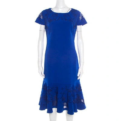 Pre-owned Notte By Marchesa Blue Cutout Floral Embroidered Cap Sleeve Flounce Dress Xl