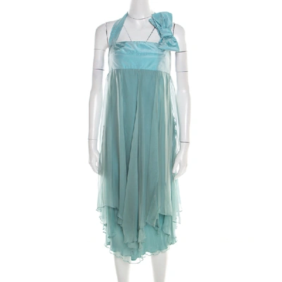 Pre-owned Max Mara Pale Blue Silk Organza Draped Bow Detail Halter Dress M