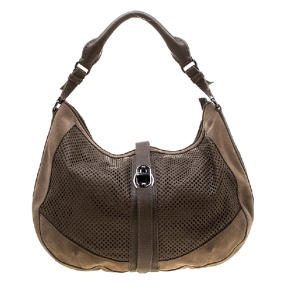Pre-owned Burberry Khaki Perforated Leather And Suede Bartow Hobo In Brown