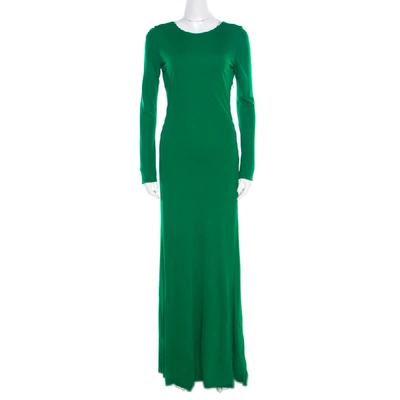 Pre-owned Roberto Cavalli Green Crepe Knit Plunge Back Draped Evening Gown M