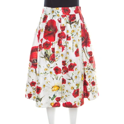 Pre-owned Dolce & Gabbana White And Red Floral Printed Cotton And Silk Pleated Skirt M