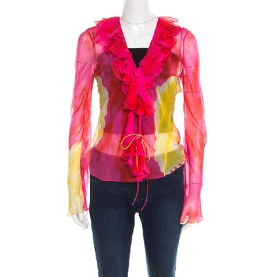 Pre-owned Dior Christian  Pink And Yellow Printed Sheer Silk Wrap Top M In Multicolor