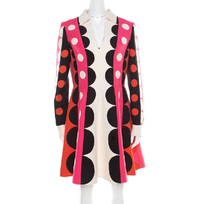 Pre-owned Valentino Multicolor Geometric Pattern Wool And Silk Long Sleeve Plunge Neck Dress M