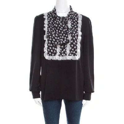 Pre-owned Dolce & Gabbana Monochrome Small Flower Print Silk Ruffled Bib Blouse M In Black