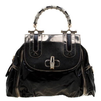 Pre-owned Gucci Black/metallic Beige Coated Nylon And Leather Dialux Pop Bamboo Top Handle Bag