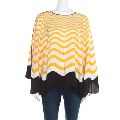 Pre-owned Fendi Yellow And Off White Wave Printed Silk Contrast Bow Trim Detail Kaftan Top M
