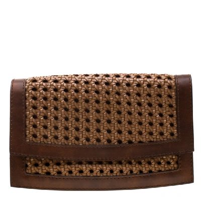 Pre-owned Stella Mccartney Woven Faux Leather Flap Clutch In Brown