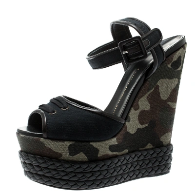 Pre-owned Giuseppe Zanotti Black Canvas And Leather Camouflage Platform Wedge Sandals Size 40