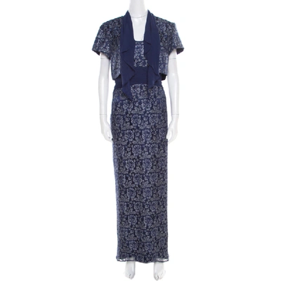 Pre-owned Badgley Mischka Blue Floral Metallic Lace Maxi Dress And Bolero Set L