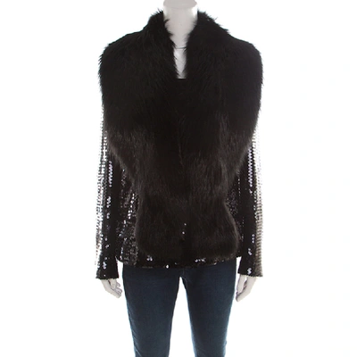 Pre-owned Dolce & Gabbana Black Sequin Paillette Embellished Fox Fur Collar Jacket S