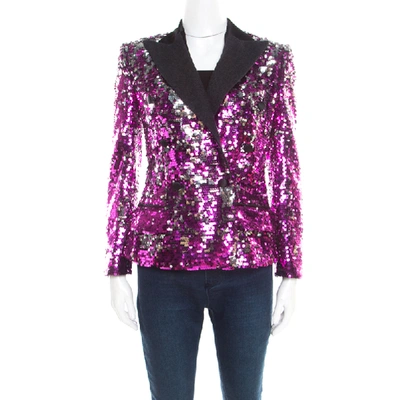 Pre-owned Dolce & Gabbana Fuscia Pink Sequin Paillette Embellished Velvet Trim Blazer S