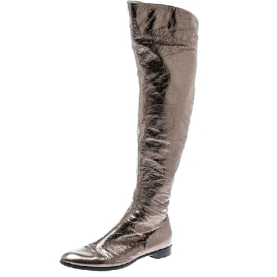 Pre-owned Sergio Rossi Metallic Grey Leather Knee Length Boots Size 39